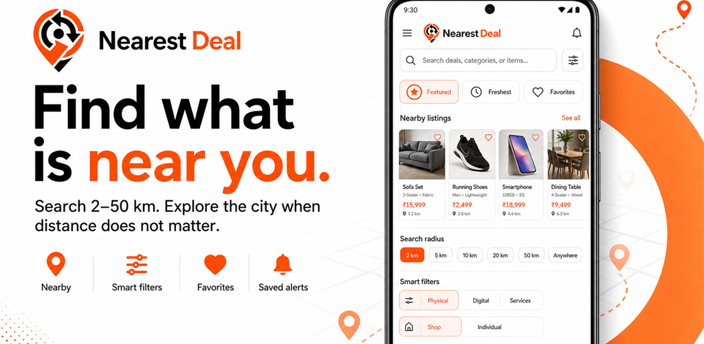 Nearest Deal mobile feature graphic showing nearby discovery and smart filters